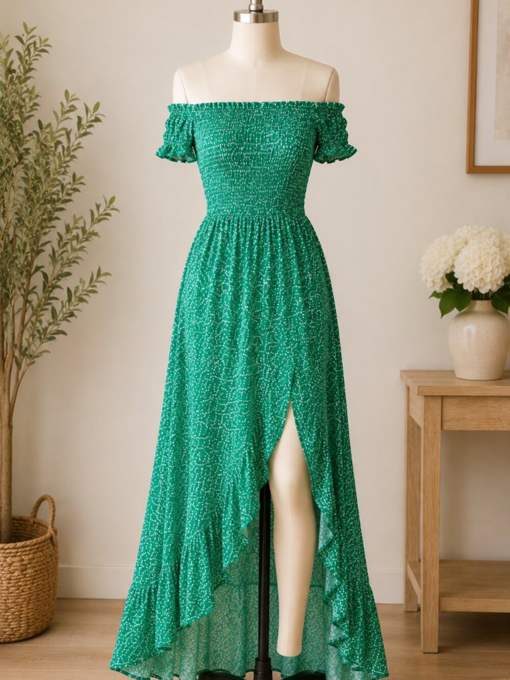 Lulus Green Smocked Off Shoulder High Low Maxi Dress Slit Medium